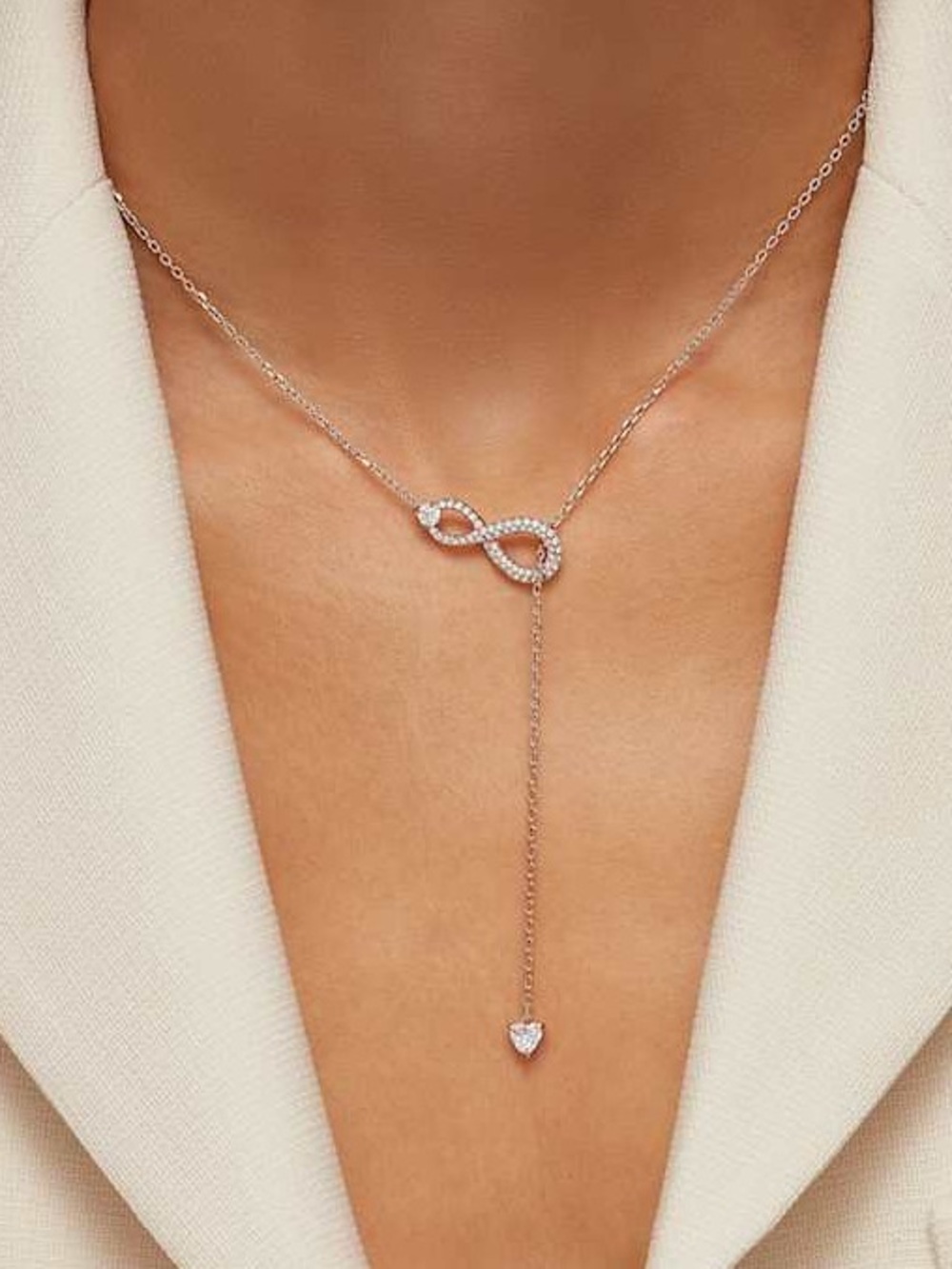 Swarovski Rose Gold Infinity Lariat Necklace with Heart Pendant